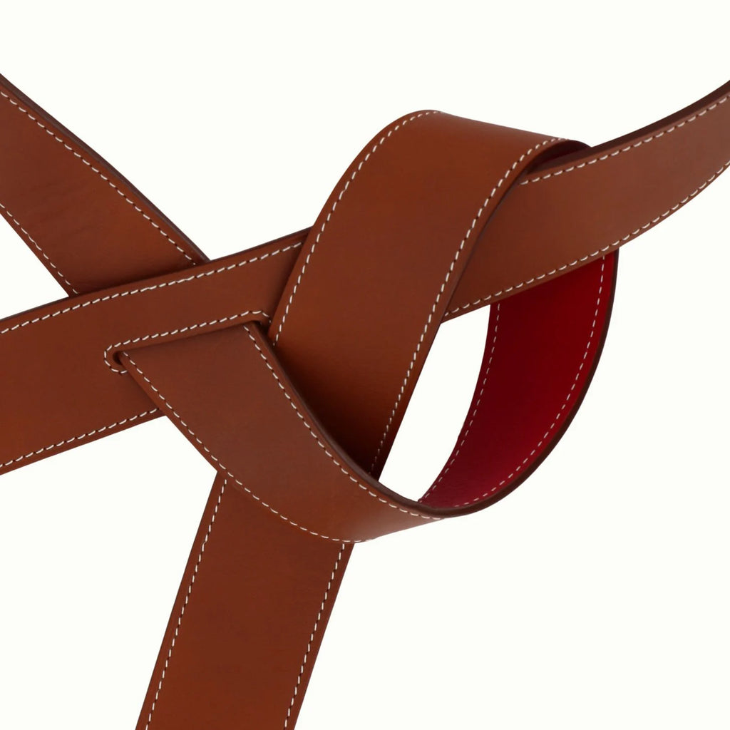 Ceinture Phi large réversible rouge / chocolat ridé de Phi1618, accessoire de mode haut de gamme, côté chocolat