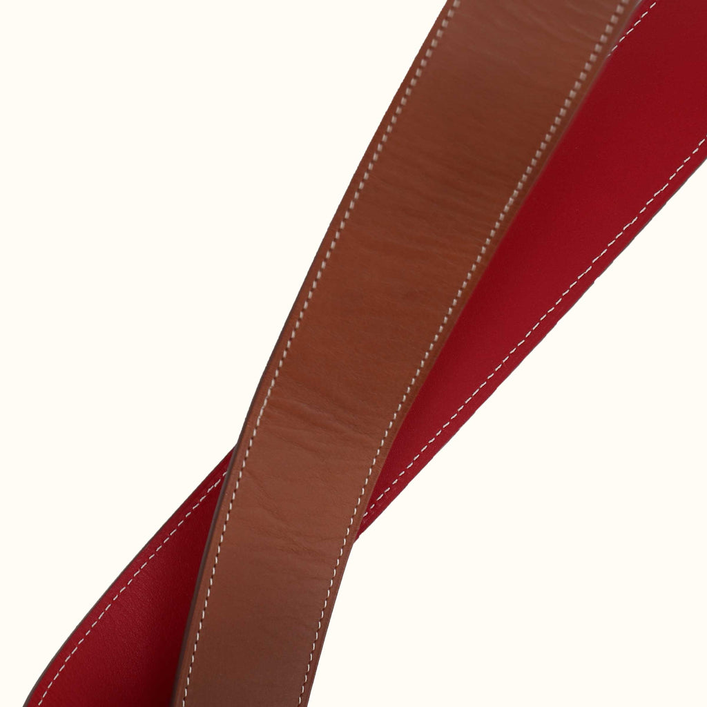 Ceinture Phi large réversible rouge / chocolat ridé de Phi1618, accessoire de mode haut de gamme, côté chocolat ridé