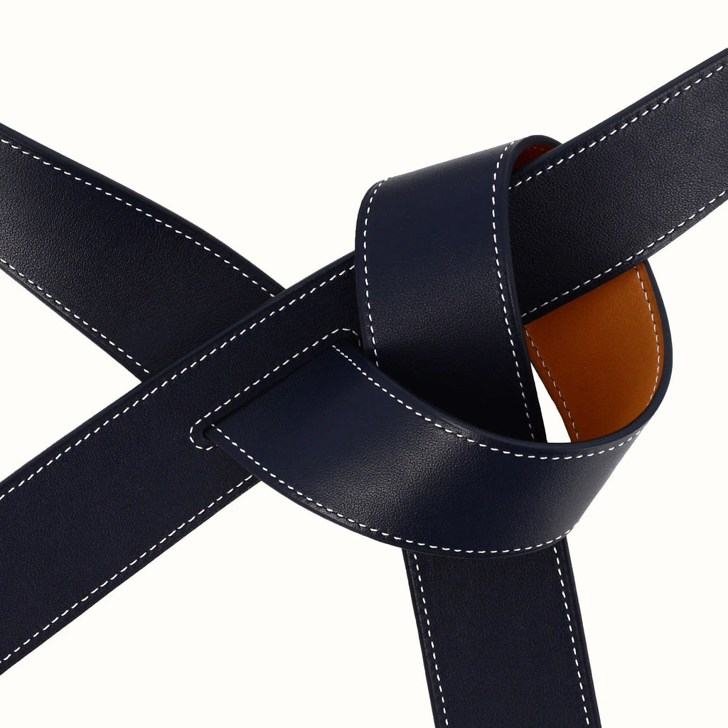 Ceinture Phi large réversible camel/bleu marine de Phi1618, accessoire de mode haut de gamme, côté bleu marine