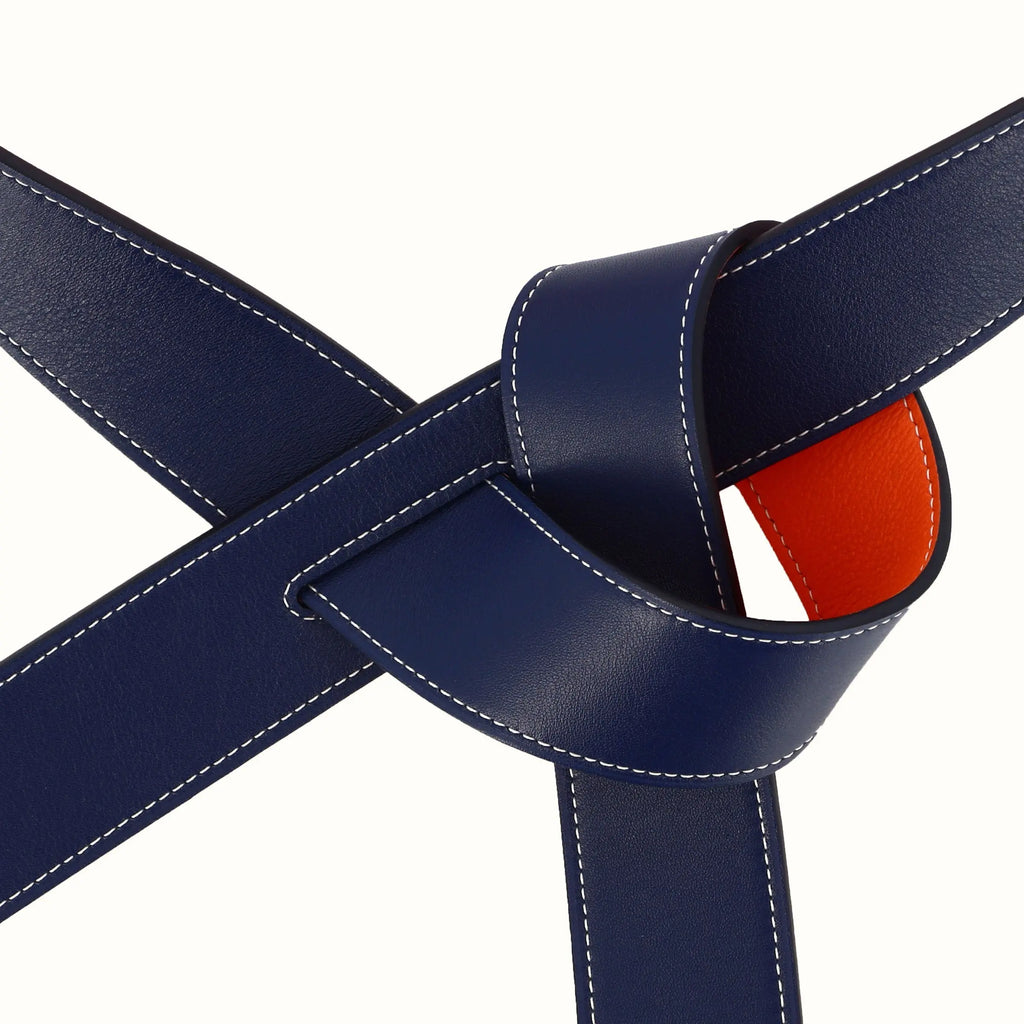 Ceinture Phi large réversible orange/bleu marine de Phi1618, accessoire de mode haut de gamme, côté bleu marine