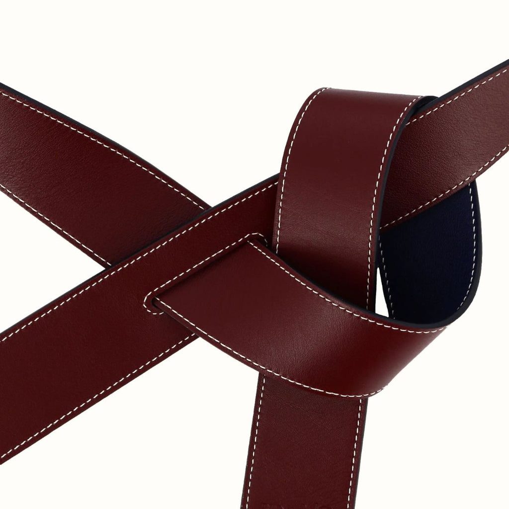 Ceinture Phi large réversible bordeaux / bleu marine de Phi1618, accessoire de mode haut de gamme, côté bordeaux