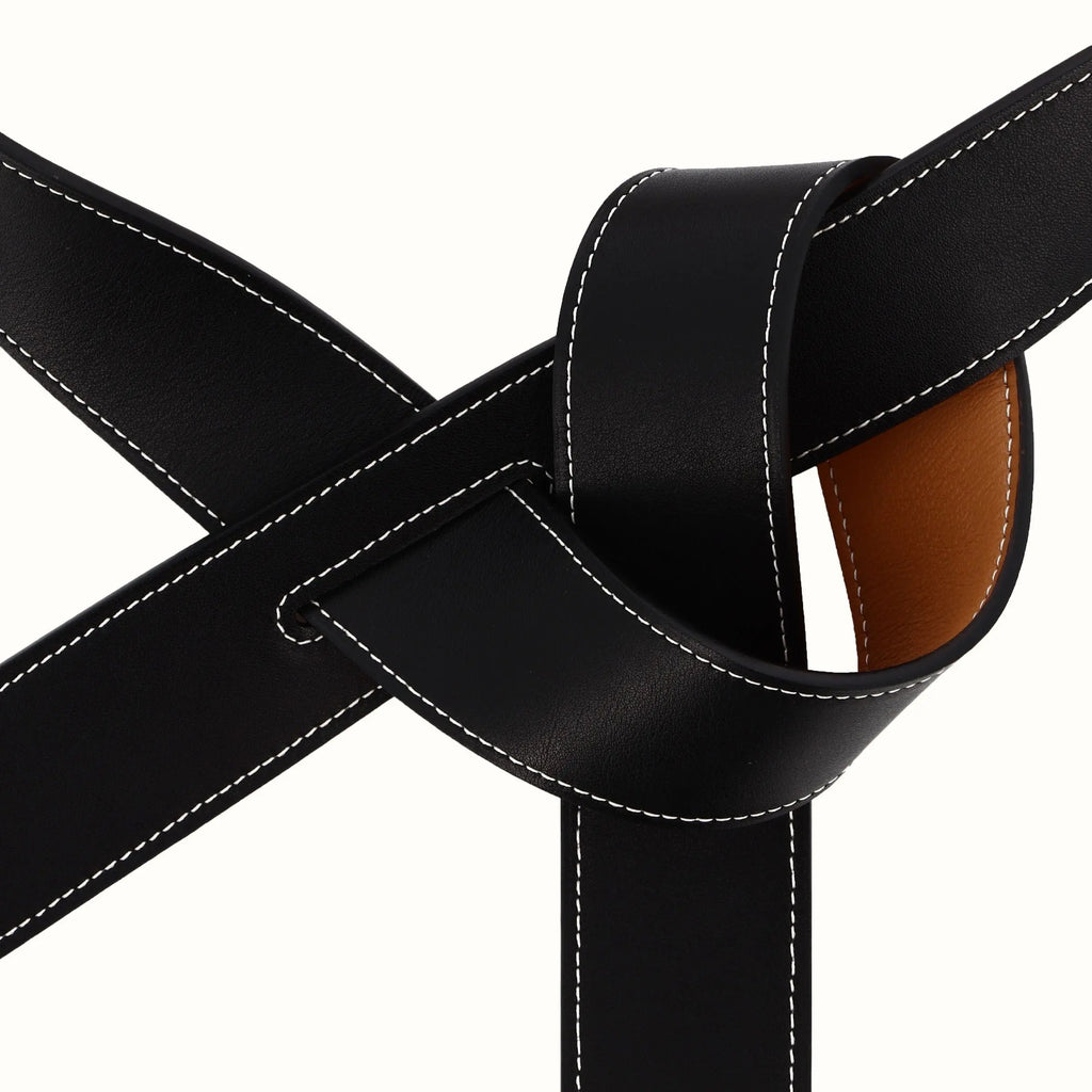 Ceinture Phi large réversible camel/noir de Phi1618, accessoire de mode haut de gamme, côté noir