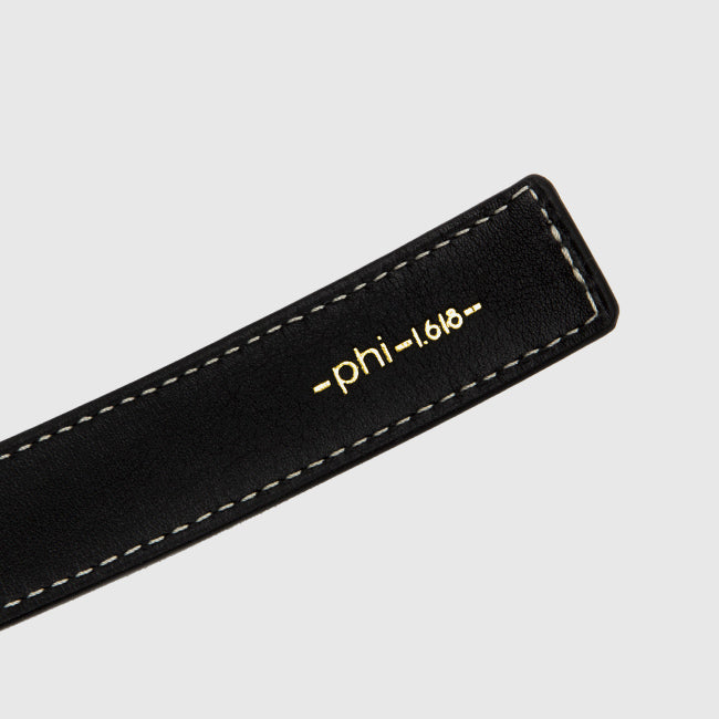 Ceinture Phi fine monochrome noir de Phi1618, accessoire de mode haut de gamme, logo